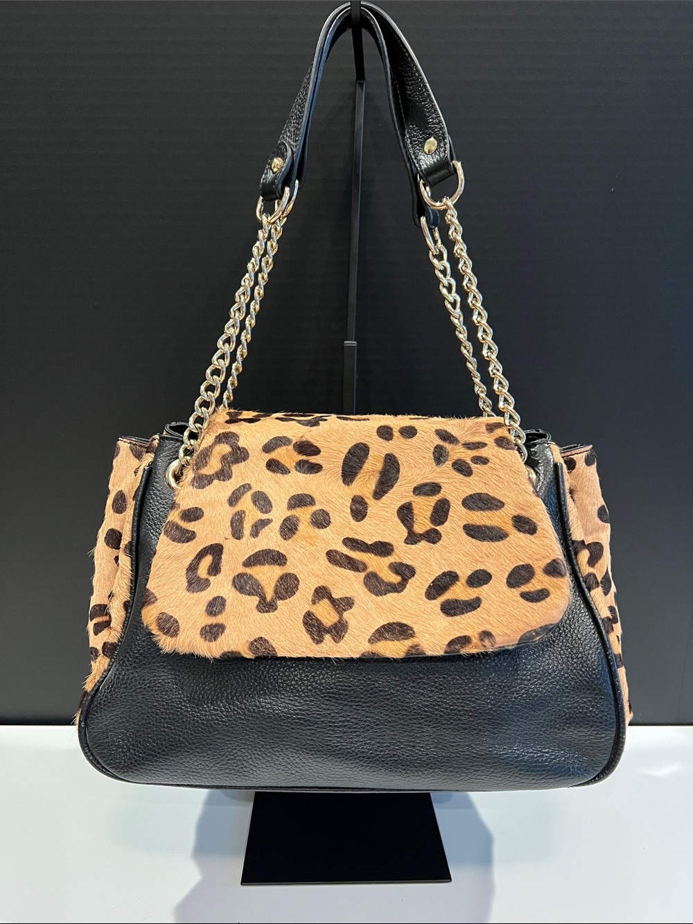 Leopard Print Shoulder Bag with Black Leather and Gold Chain